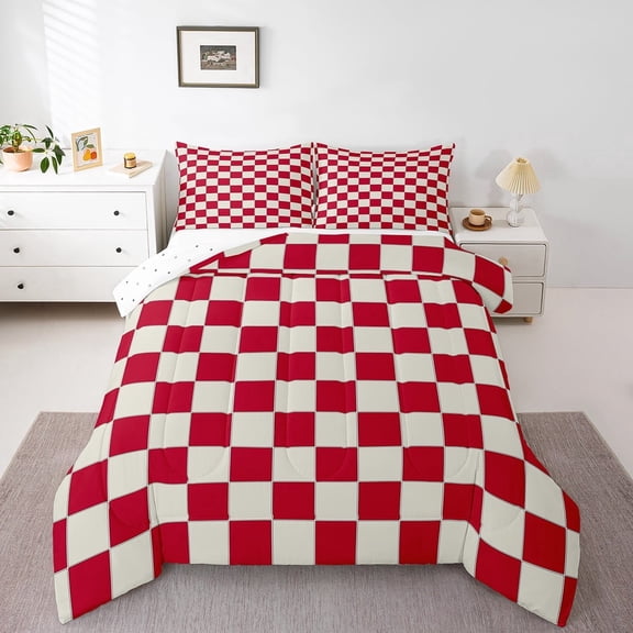 Erosebridal Plaid Comforter Set Twin Beige Red Checkerboard Quilt Set Geometric Checkered Bedding Set,Aesthetic Grid Duvet Set Modern Room Decor 2 Pcs