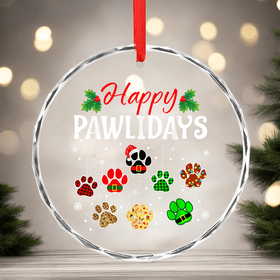 Happy Pawlidays Funny Christmas Dog Paw Christmas Dogs Lover Gift CIRCLE GLASS ORNAMENT Home Decor