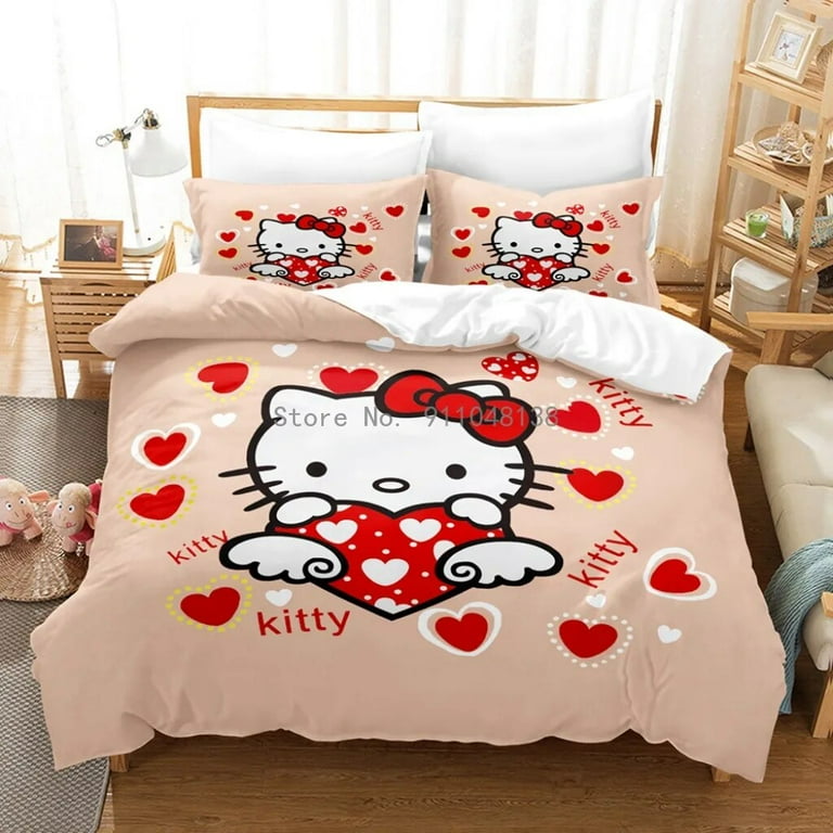 Pretty Hello Kitty Bedding Set Duvet Cover Quilt Cover Pillowcase Double Queen King Size Kids Girls Adult Bedroom Home Textile