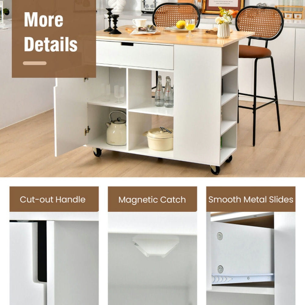 Finihen Rolling Storage Cabinet Cart, Kitchen Island Cart, Drop-Leaf Kitchen Island with Rubber Wood Top, for Kitchen, Dining Room, White Finihen Rolling Storage Cabinet Cart, Kitchen Island Cart, Drop-Leaf Kitchen Island with Rubber Wood Top, for Kitchen, Dining Room, White