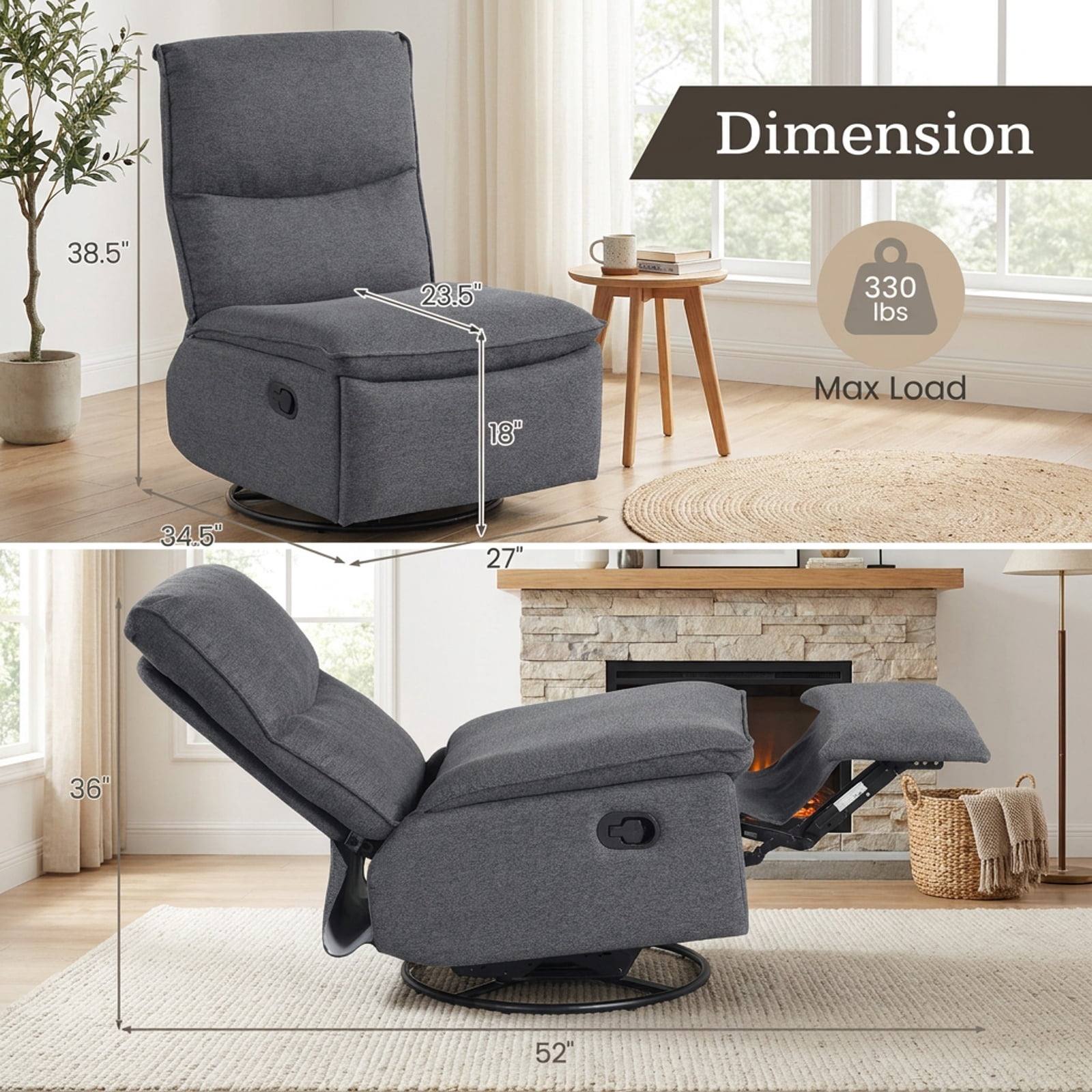 Furnibear 360 Degree Swivel Rocking Recliner Accent Chair with Padded Back Extendable Footrest and Polyester Linen for Living Room and Nursery, Gray