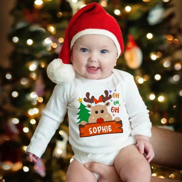 Body de bebé de ciervo personalizado con nombre, traje de fiesta de Navidad para recién nacido, mono para niño pequeño, ropa de manga larga para bebé