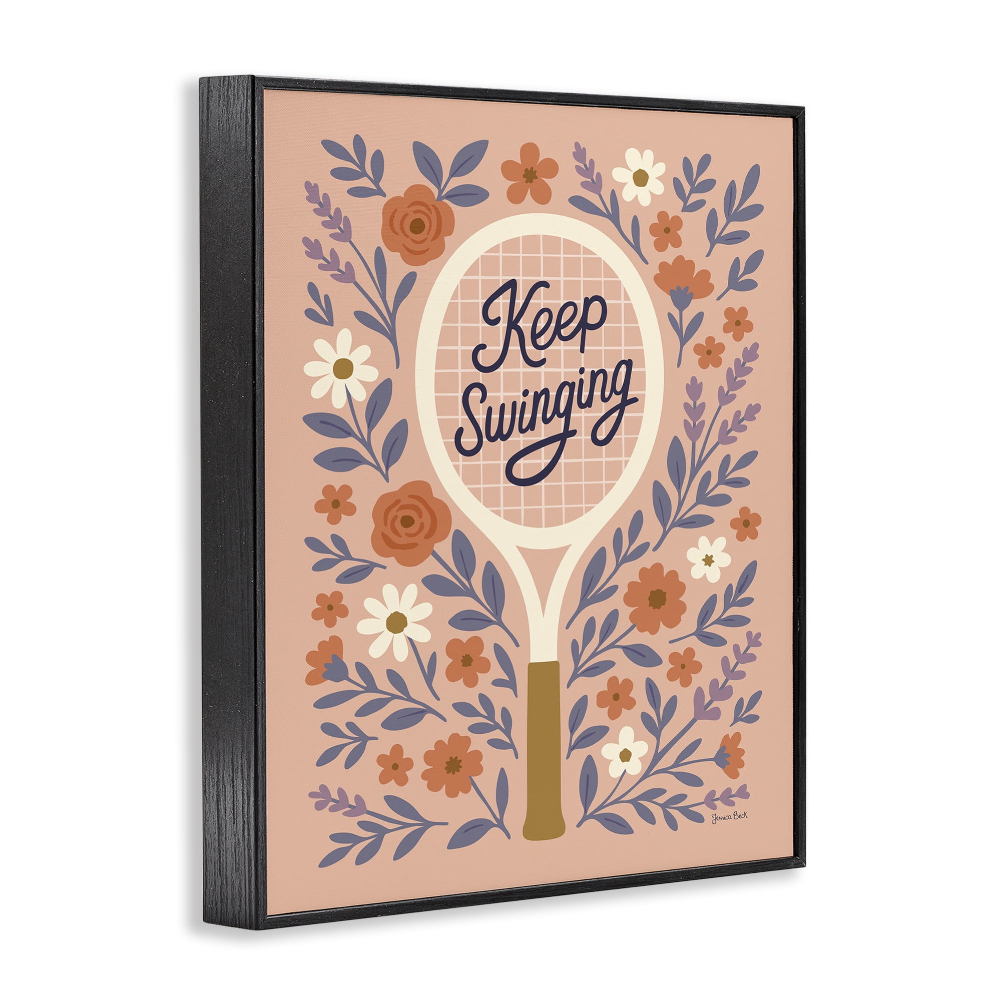 Stupell Industries Keep Swinging Floral Tennis Black Framed Giclee Art, design by Jessica Beck