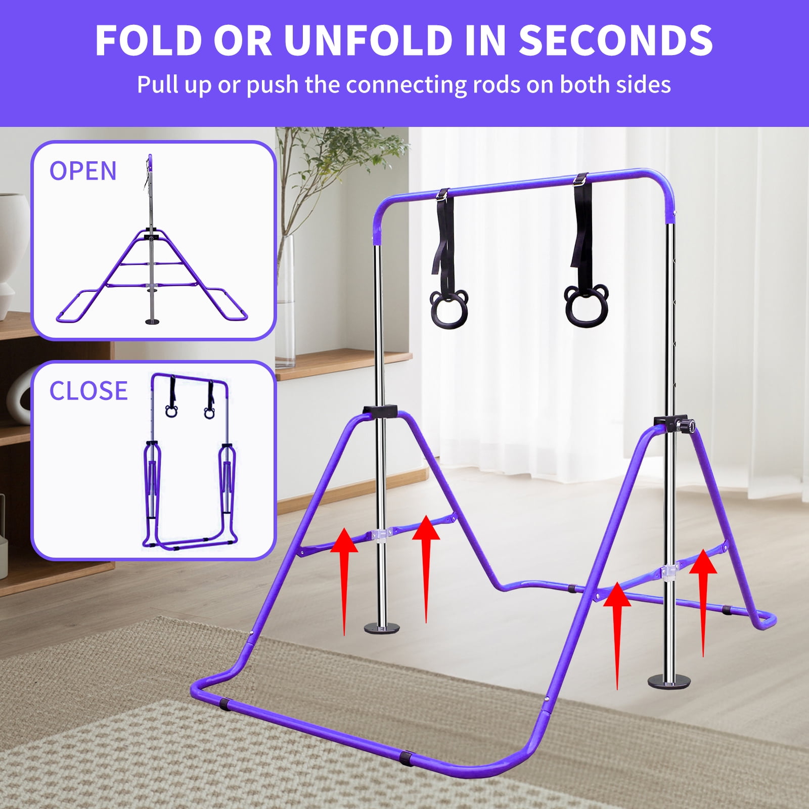 Aukfa Expandable Gymnastic Bars,Adjustable Height Gymnastic Horizontal Bars for Kids, Folding Training Bars,Purple