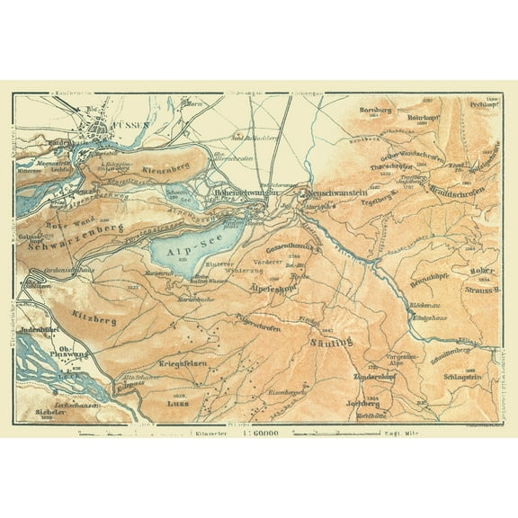 Historic Map - Fussen Region Germany - Baedeker 1914 - 33.29 x 23 - Vintage Wall Art
