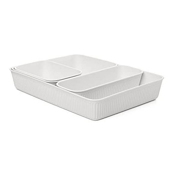 Decorative Plastic Desk Drawer Organizer Tray, White (Set of 4) Open Home Storage Bins Organizer Baskets, for Organizing Closet Shelves Drawer Shelf - Ribbed Collection