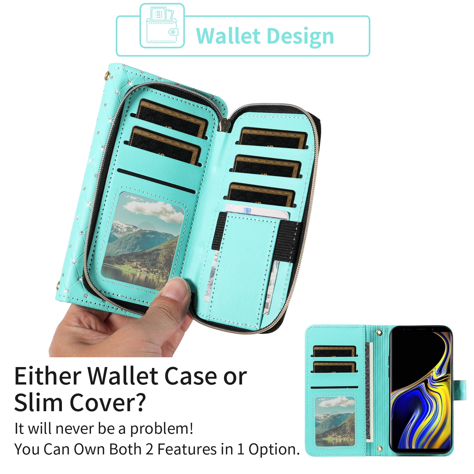 Asuwish Wallet Phone Case for Samsung Galaxy Note 9 and Tempered Glass Screen Protector Bling Glitter Crossbody Lanyard Strap Flip Zipper Purse Card Holder Cell Cover Note9 Not S9 Women Men Green