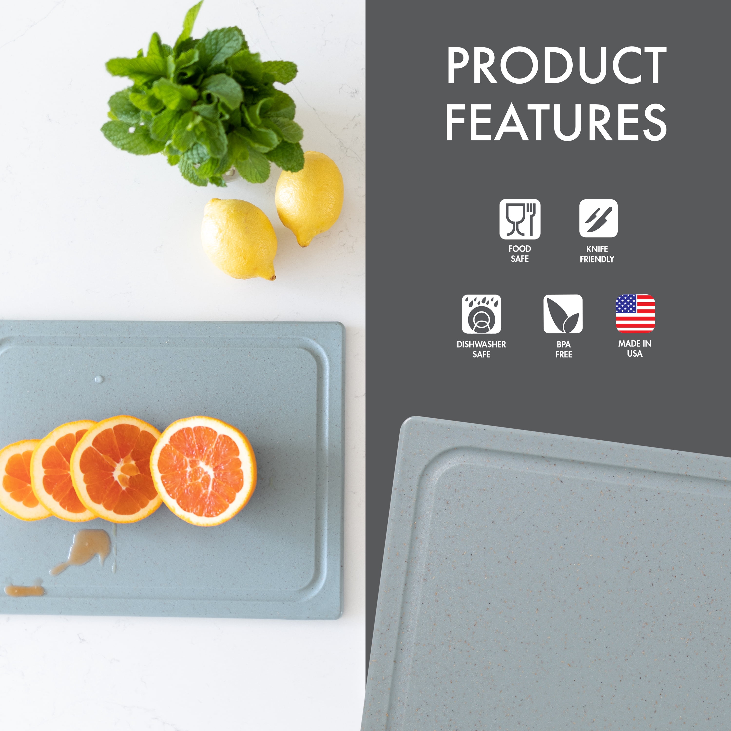 Dexas 10 x 13 PolyFlax Cutting Board with Juice Well in Smoke Blue with Flax