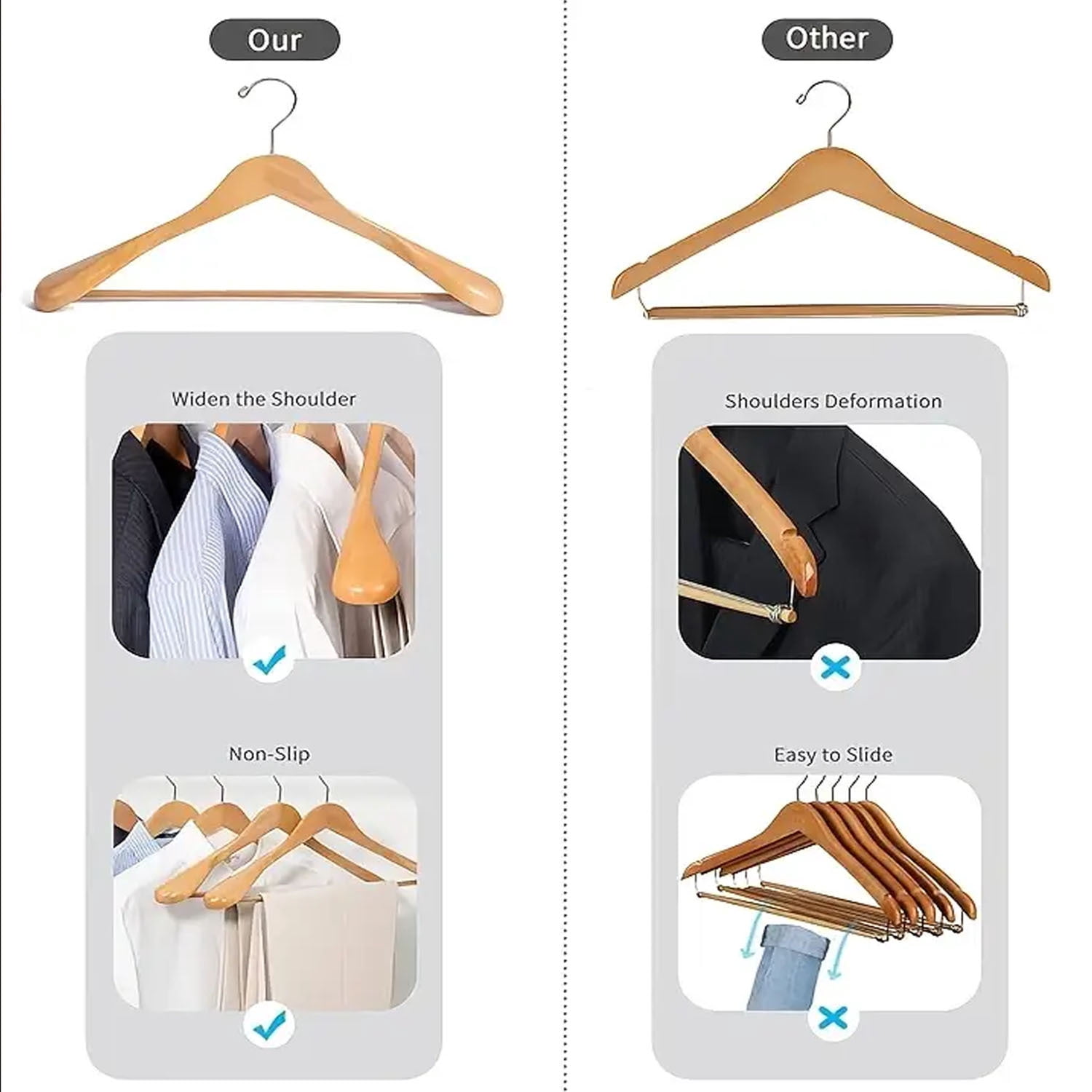 BagDream 8 Pack Wide Shoulder Wooden Hangers Coat Hangers with Non Slip Pants Bar, Solid Wood Jacket Clothes Hangers Smooth Finish for Sweater, Pants, Heavy Clothes, Natural