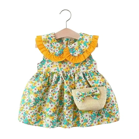 

Chaoren Girls Dress Floral Print Bow-knot Bag 3 Colors Kids Turn Down Collar Dress for Picnic
