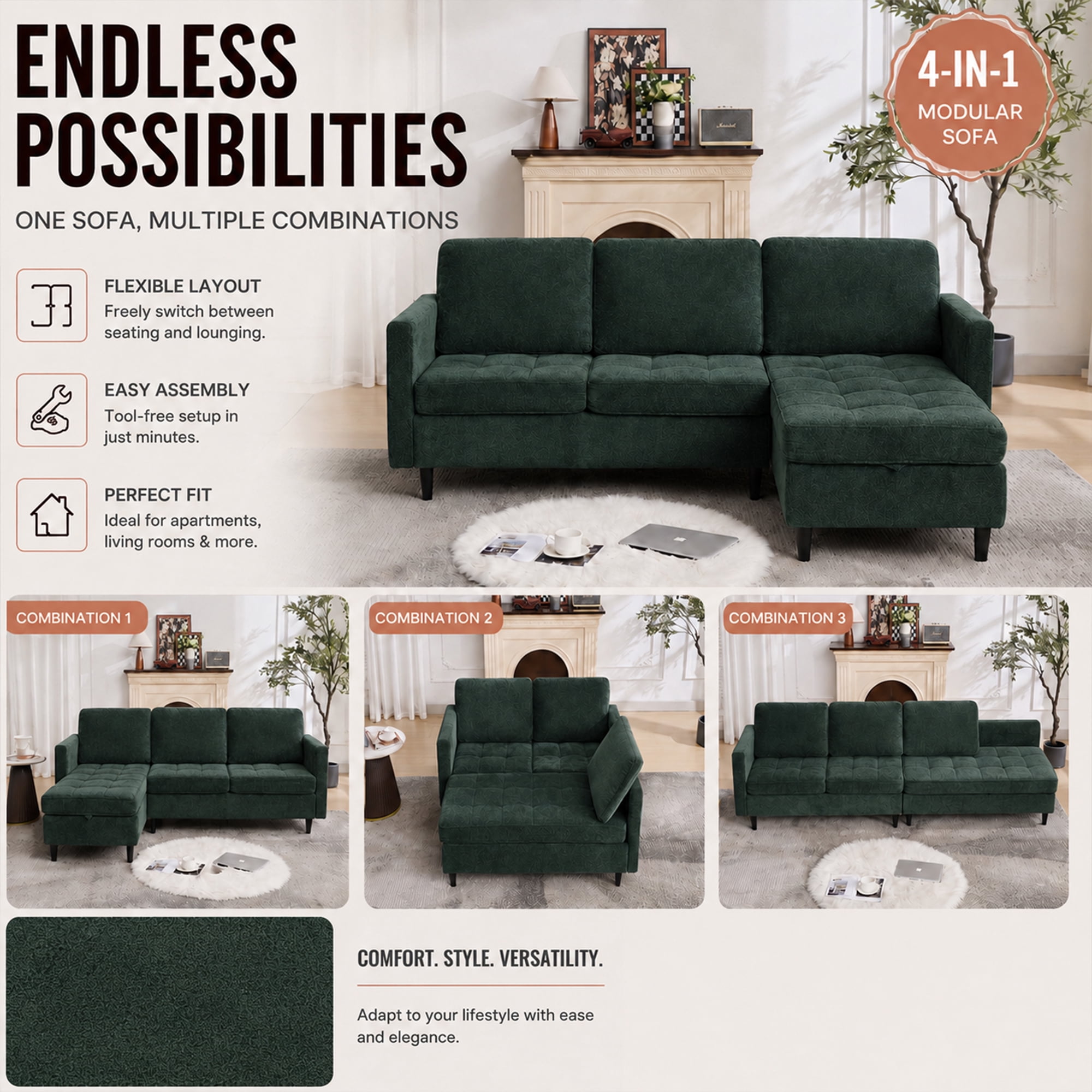 77.6" 4-in-1 L-Shaped Sectional Sleeper Sofa, Chenille Modular Couch with Storage Chaise, Usb/Type-C Ports & Side Pocket, Dark Green
