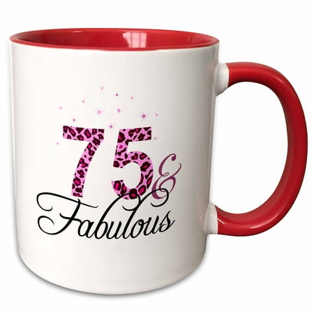 Girlfriend Bday Gifts 3dRose 75 and Fabulous - fun girly birthday gift - black and hot pink leopard print pattern bday diva text - Two Tone Red Mug, 15-ounce ()