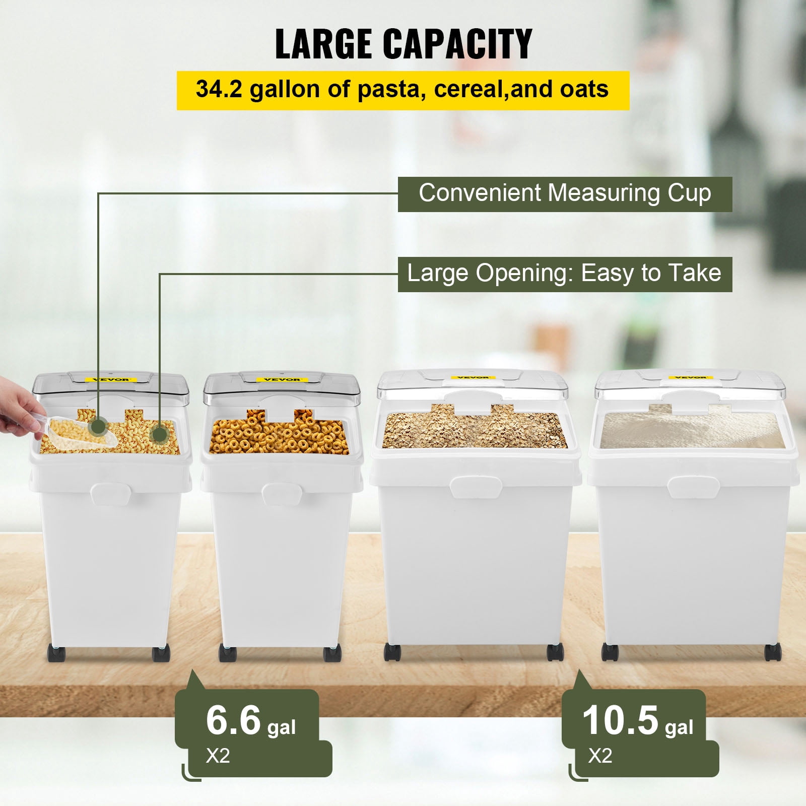 VEVOR Ingredient Bin, 10.5 Gallon and 6.6 Gallon Capacity Ingredient Storage Bin, PP Material Flour Bins On Wheels, White Shelf Ingredient Bin with Scoop, Commercial Storage Bins, 4 Pcs/Set