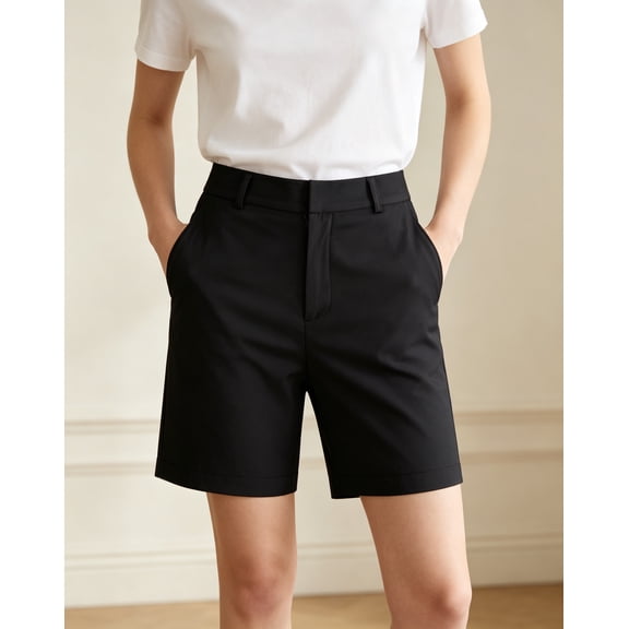 Womens Bermuda Shorts High Waisted Straight Leg Office Polyester Short,Black Size L