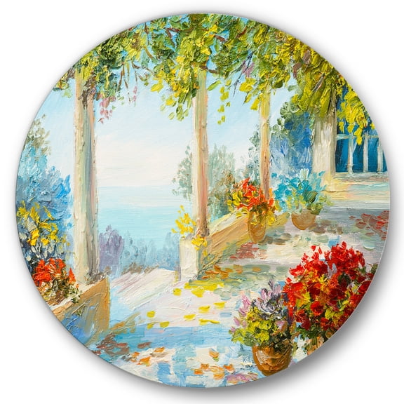 Designart 'Terrace With Red Flowers Near The Sea' Nautical & Coastal Circle Metal Wall Art 36x36 - Disc of 36