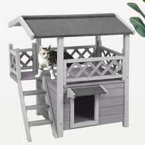 BUTINGLALE Cat House Outdoor Indoor Feral Cat Shelter Wooden Kitty House with Stairs, Balcony＆Weatherproof Roof