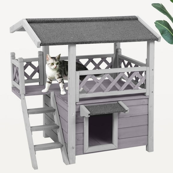 BUTINGLALE Cat House Outdoor Indoor Feral Cat Shelter Wooden Kitty House with Stairs, Balcony＆Weatherproof Roof