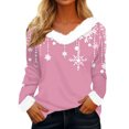thumbnail image 3 of TrdSipl Women 2025 Fall T Shirts Cute Christmas Snowflake Print Tee Tops Xmas Long Sleeve V-Neck Fur Trim Shirts, 3 of 7