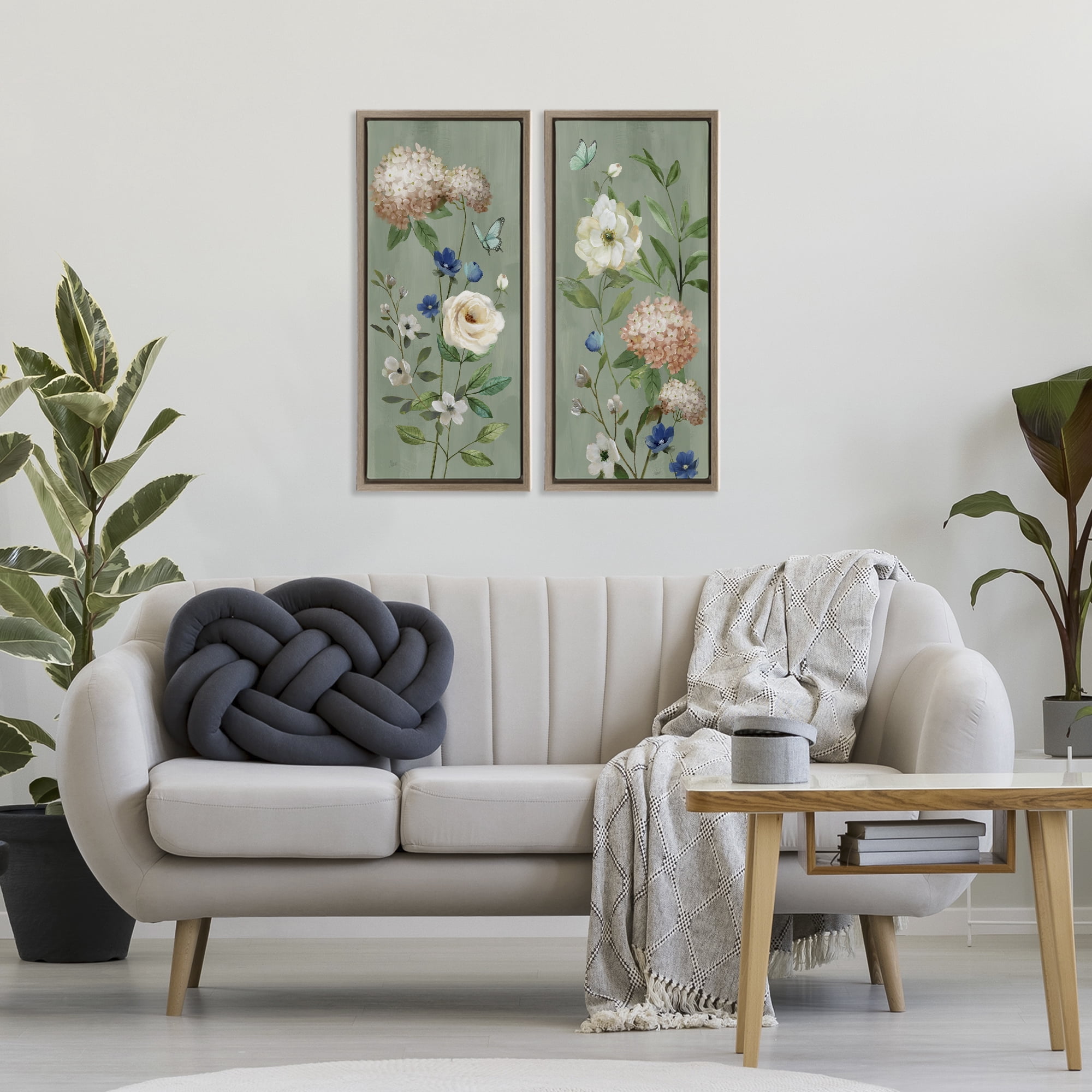 Stupell Industries Mint Hydrangeas & Roses 2 Piece Brown Framed Floater Canvas Set, design by Nan