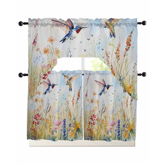 Spring Hummingbird Floral Kitchen Curtains Swag Valance and Tier Curtains Set 24 Inch Length, Farmhouse Flower Botanical Rod Pocket Drape Panels Pair Swag Curtain for Bathroom/Cafe/Window