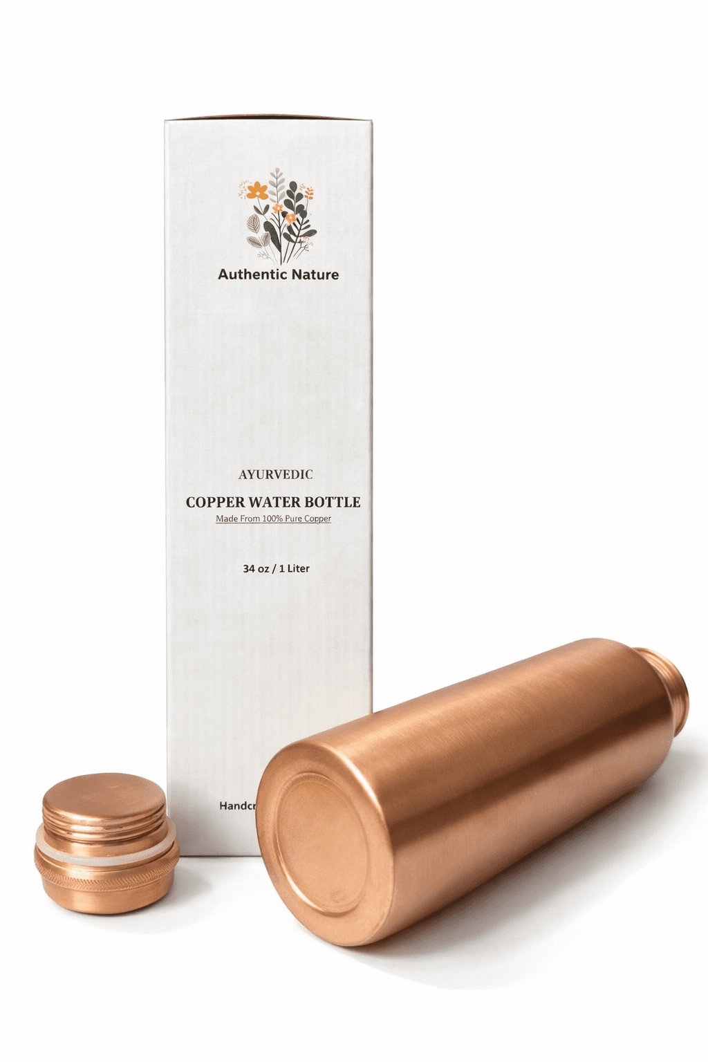 Authentic Nature Ayurvedic Copper Water Bottle, Pure Copper, 1 Litre/34 Oz, Plain, With Health Benefits, Handcrafted in India