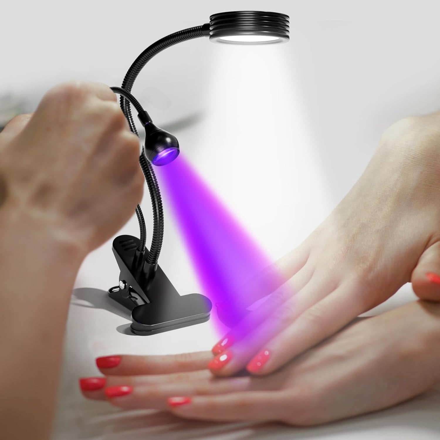 KOMI LED Nail Lamp Double-Headed U V LED Light Quicky-Dry Nail Manicure Dryer Curing Light with Portable Gooseneck and Clamp Flash Cure U V Light for Gel Nails Professional Home DIY Salon Black