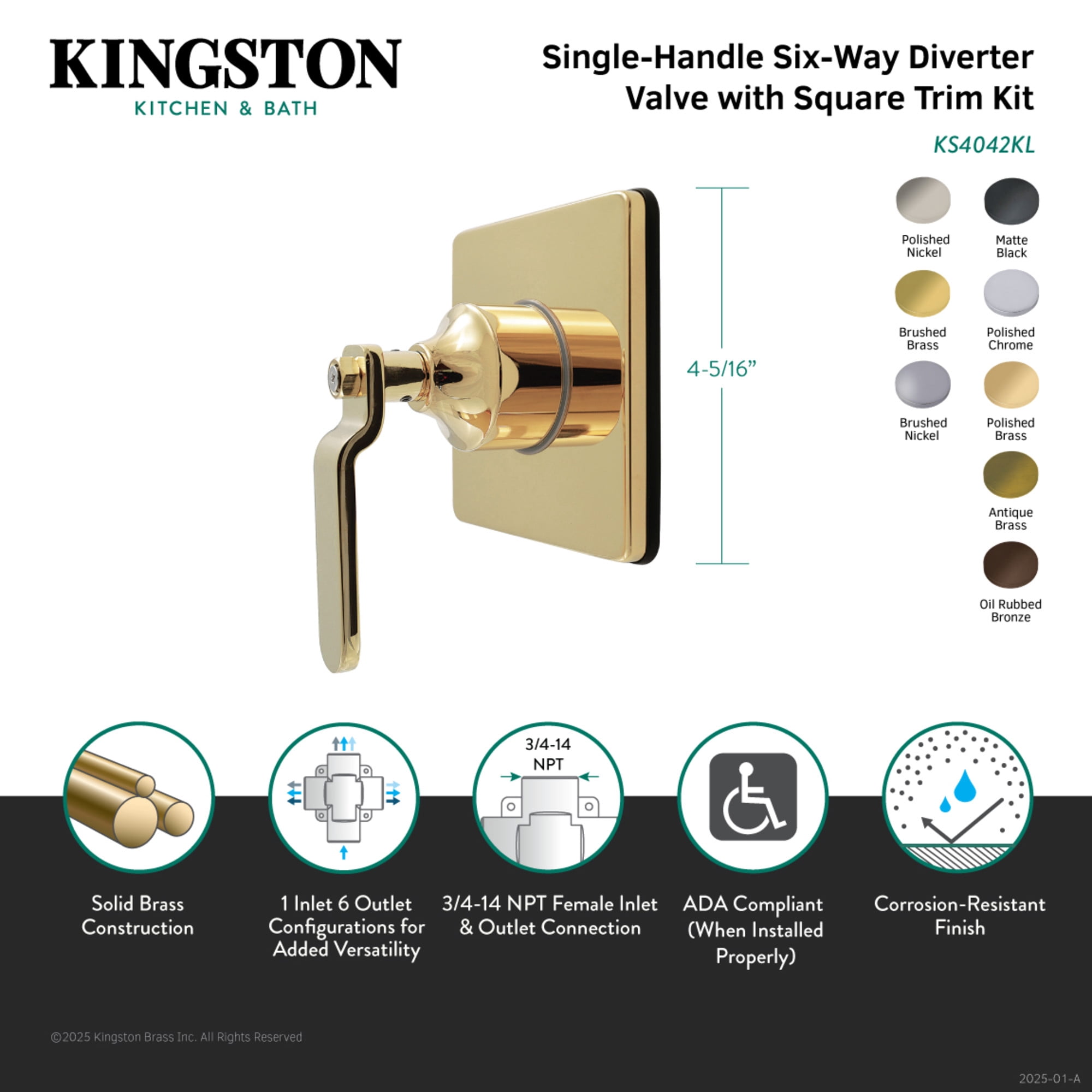 Kingston Brass KS4045KL Whitaker Single-Handle Six-Way Diverter Valve with Square Trim Kit, Oil Rubbed Bronze