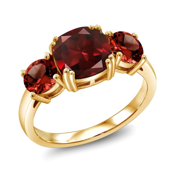 Gem Stone King 18K Yellow Gold Plated Silver Red Garnet 3-Stone Engagement Ring for Women | 3.60 Cttw | Gemstone Birthstone | Cushion 8MM | Three Stone Wedding Engagement Anniversary Ring | Size 5
