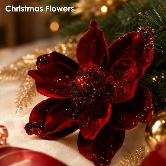 Fabric Christmas Flower Ornament - Glitter Gold Flannelette Blossom with Wire Stem for Tree