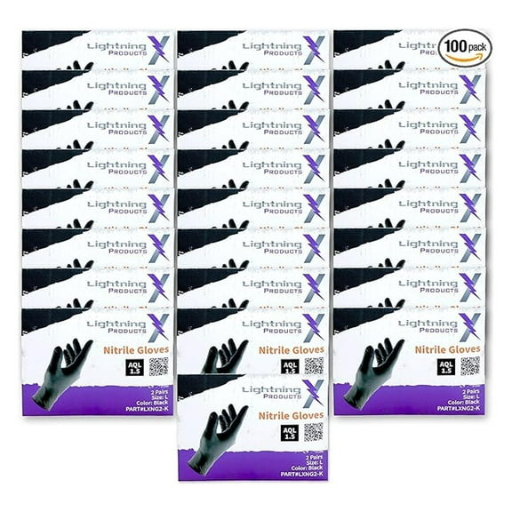 Black Nitrile Glove Pairs, Individually Packed, 100 Gloves, 50 Pairs, 25 Carded Packs of 2 Pairs - Large