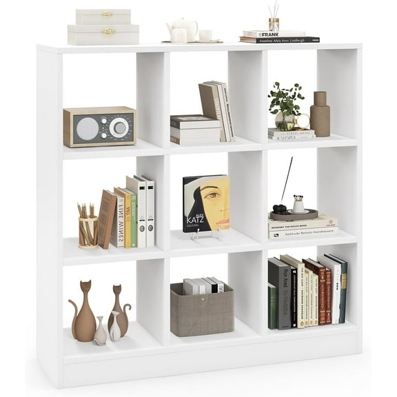 Cube Bookcase, White Book Shelf with 9 Cubes, 3-Tier Small Display Shelf, Low Bookshelf Under Window, Cubical Storage Shelves for Bedroom, Living Room, Home Office (9 Cube)