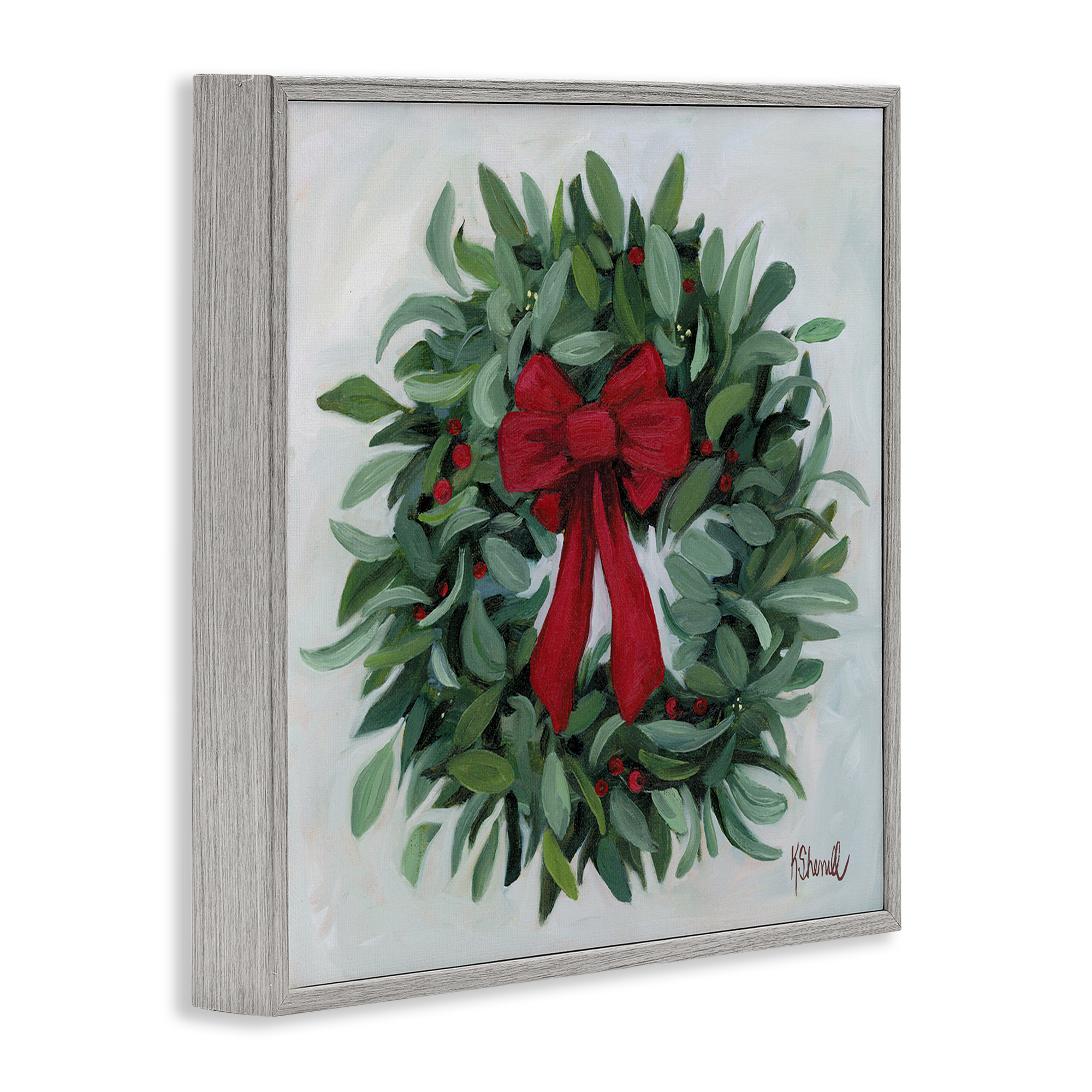 Stupell Industries Wreath with Red Bow Holiday Painting Gray Framed Art Prints Wall Art, 24 x 24