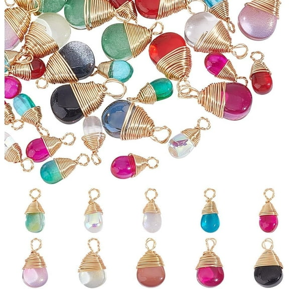 about 60 Pcs Real 18k Gold Plated Wire Wrapped Teardrop Charms 2 Sizes Glass Crystal Waterdrop Pendants Drop Dangle Bead Charms for Necklace Bracelet Jewelry Making Random Color