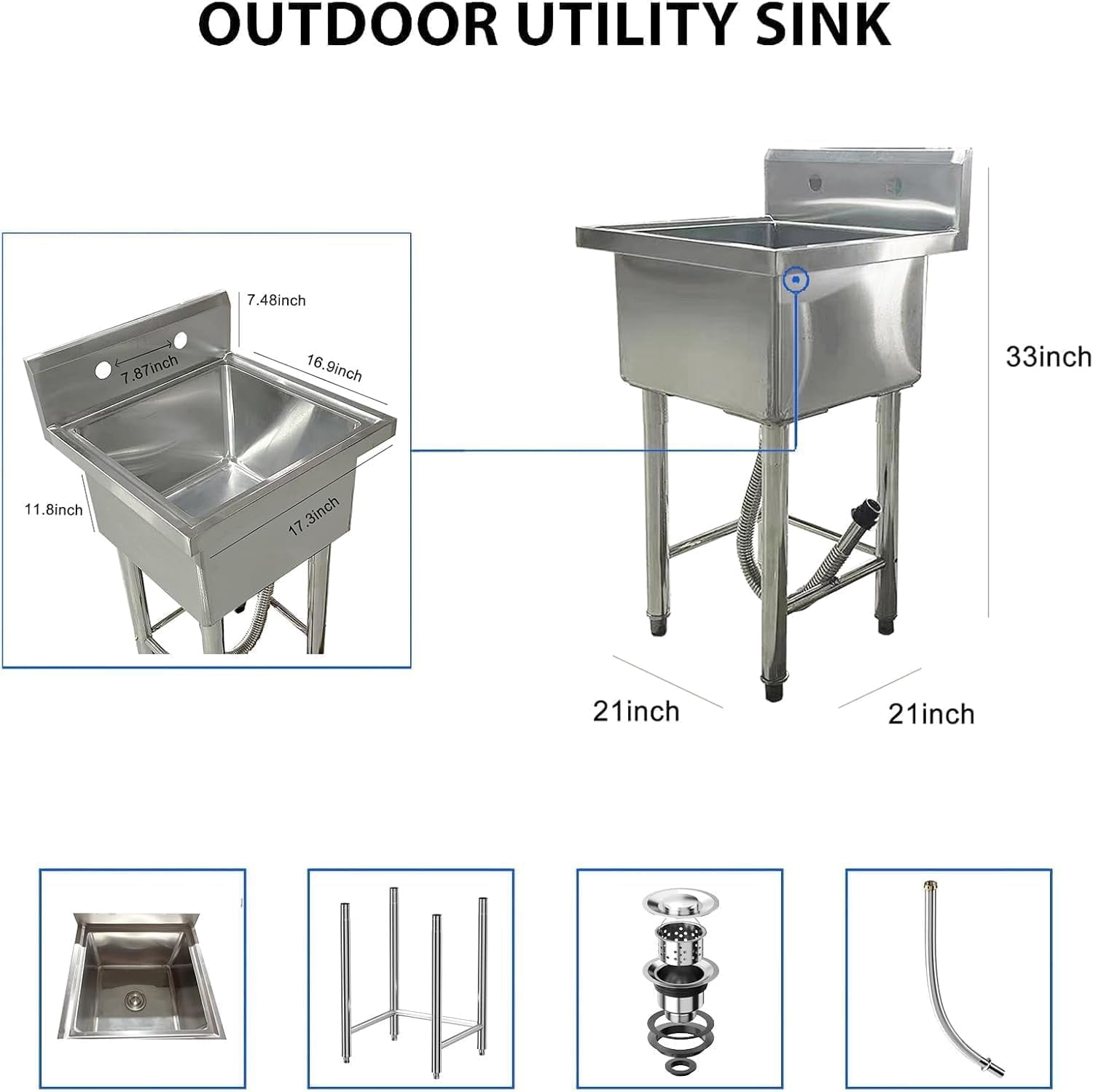 21"x21"x33" Stainless Steel Utility Sink, Freestanding Single Bowl Commercial Sink for Restaurant, Laundry Room, Bathroom, Garage, Garden