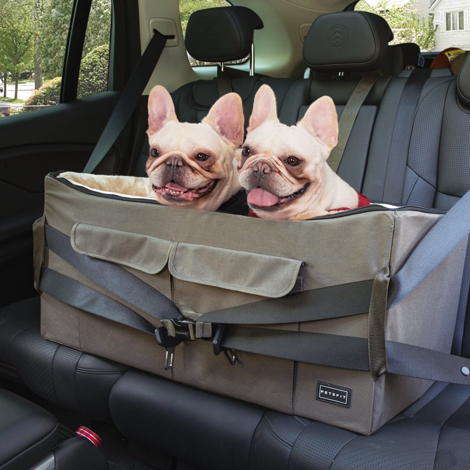 Petsfit Dog Booster Seat for Small or Medium Dogs up to 55 lbs, Large Car Seat with Pockets, Brown
