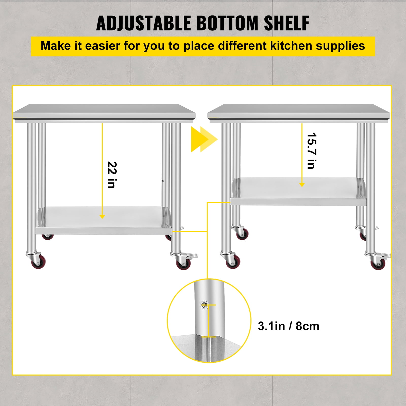 KFFKFF Commercial Work Food Prep Table, 36"x24" Stainless Steel Rolling Kitchen Cart with 4 Caster Wheels ,Heavy Duty Worktable Adjustable Undershelf