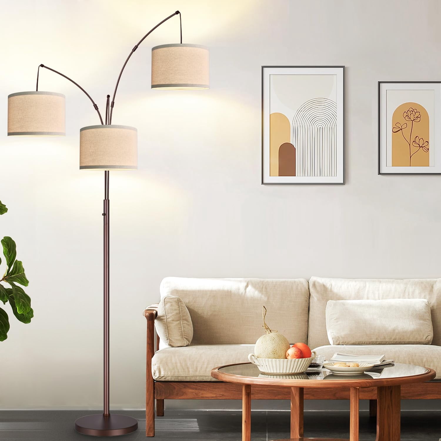 Dimmable Floor Lamp - 3 Lights Arc Lamps For Living Room  1000lm Modern Tall Standing With Beige Shades Mid Century Tree Bedroom Office 3 Led Bulbs Included Brown