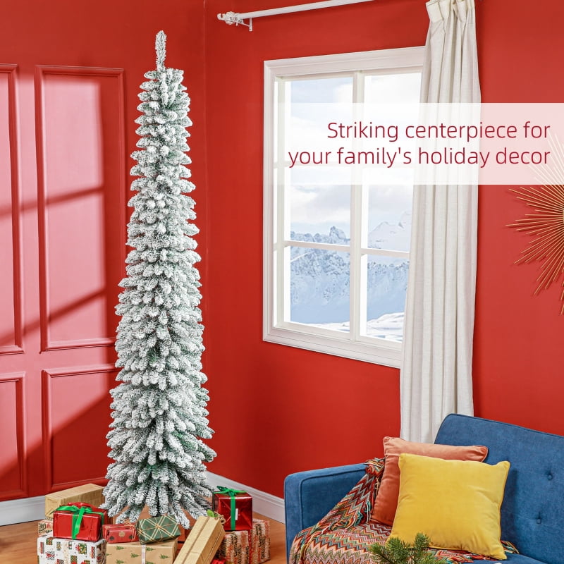 Alvantor Christmas Tree Unlit Flocked Pencil with 603 Tips & Snow Effect 22.8"x22.8"x96" 8ft Green