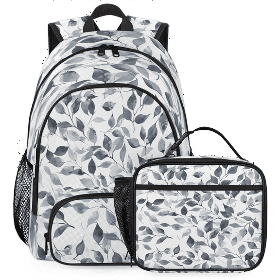 Herdesigns Gray and White Backpack with Lunch Box Leaves Lightweight Large Travel Work Laptop Backpacks Set Casual Daypacks