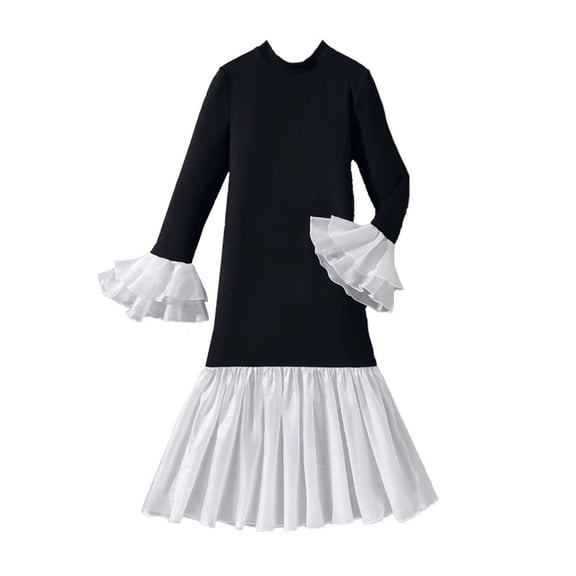 XUELUO Little Girls Dresses Black Long Sleeve With White Ruffled Cuffs Pleated Dress Kids Stylish Dress For School & Spring