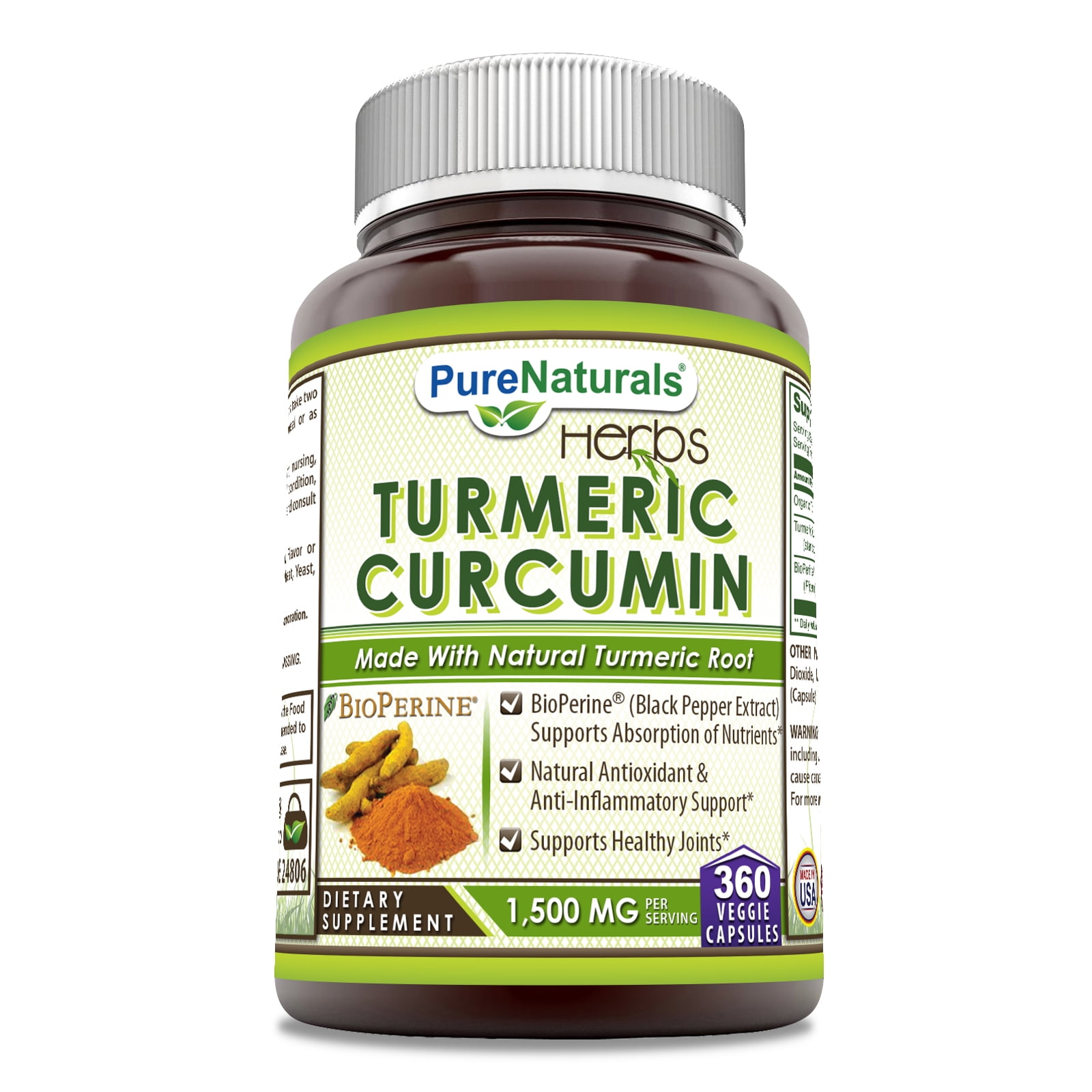 Pure Naturals Turmeric Curcumin Bioperine 1500 Mg Per Serving, Veggie Capsules (360 Veggie