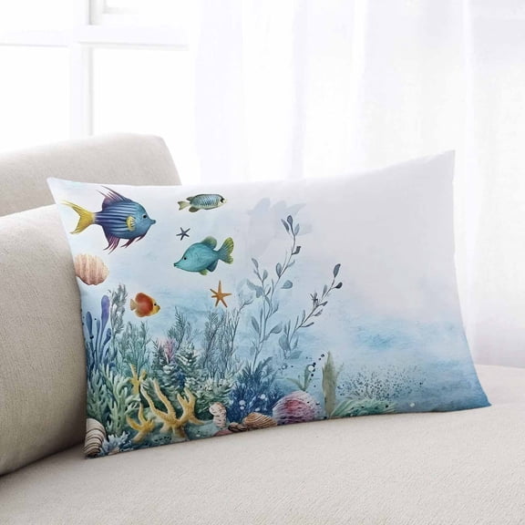 Ocean Coastal Throw Pillow Cover, Pillowcase Protectors with Zipper, Breathable Decorative Lumbar Pillow Case Cover, Coral Fish Watercolor Shell Starfish Pillow Shams for Couch Sofa 12x20Inch