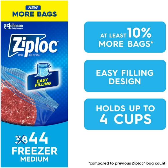 Ziploc® Freezer Bags with Stay Open Technology, Medium, 44 Bags