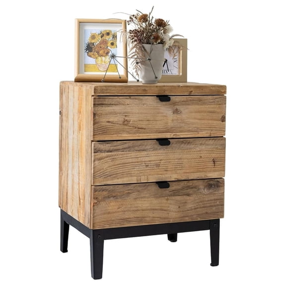 Farmhouse Nightstand Wood Bedside Table with 3-Drawers Bedside End Tables Storage for Living Room, Hallway, Handmade Distressed, Natural