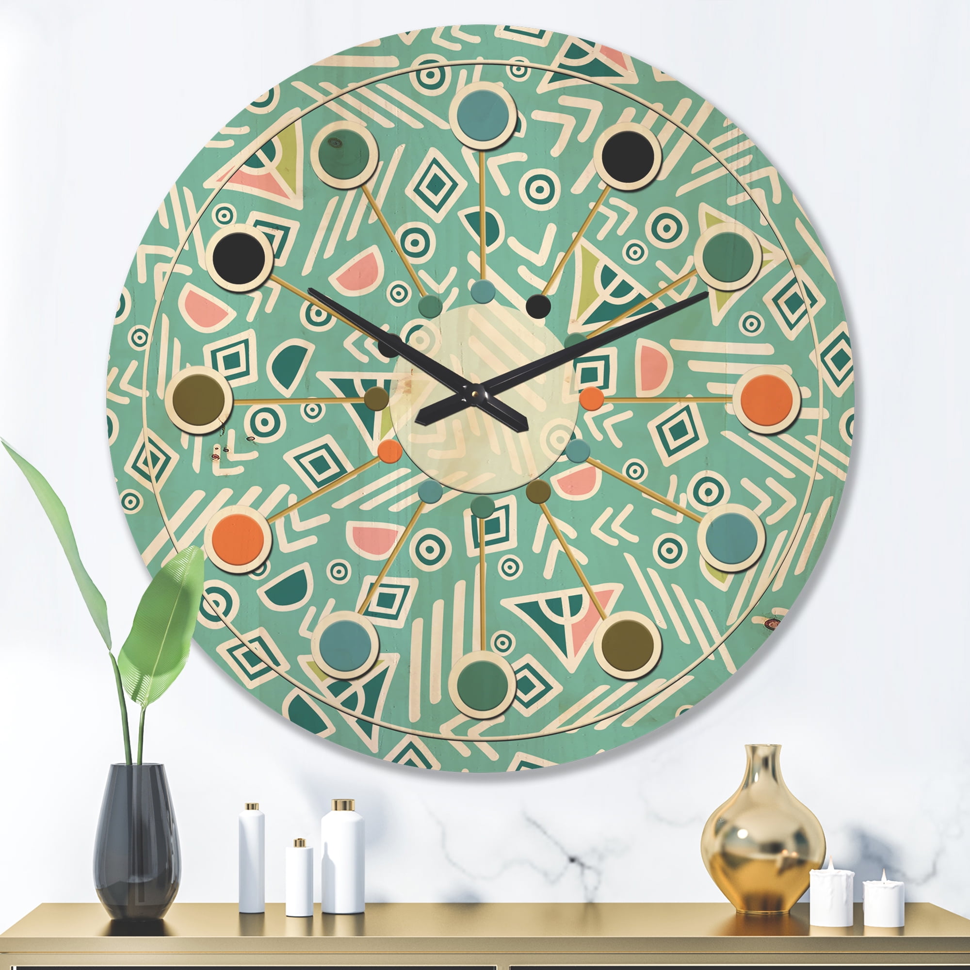 Designart 'Pastel Retro Tribal Pattern' Mid-Century Modern Wood Wall Clock