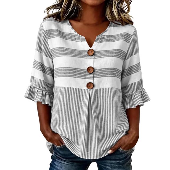Lmueinov 3/4 Length Sleeve Tops for Women 100% Cotton Striped Ruffle Sleeve Breathable Shirts V-Neck Casual Summer Pullover Tops for Daily Vacation
