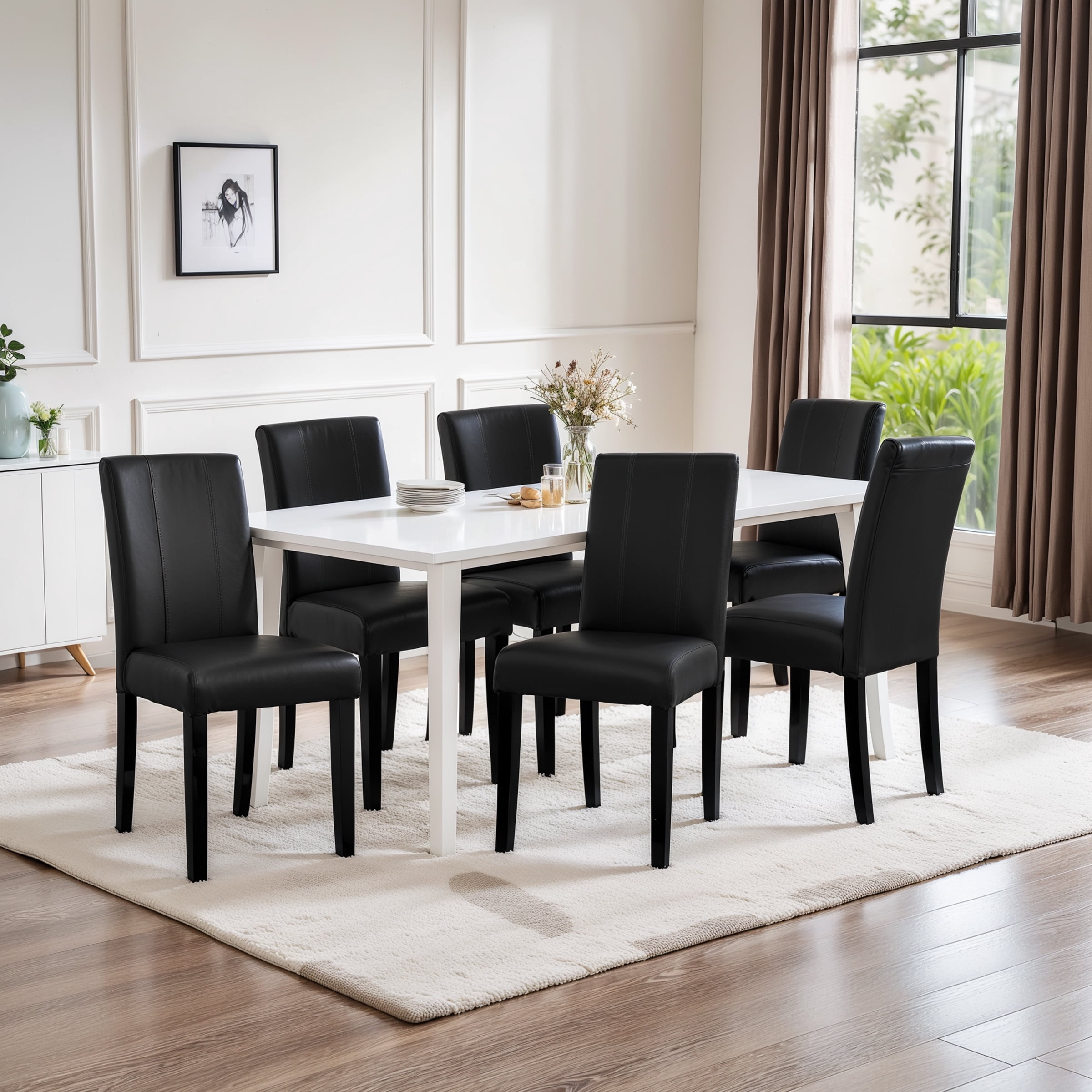 Subrtex Modern Parsons Faux Leather Dining Chairs Set of 6 Upholstered Dining Chairs– Black