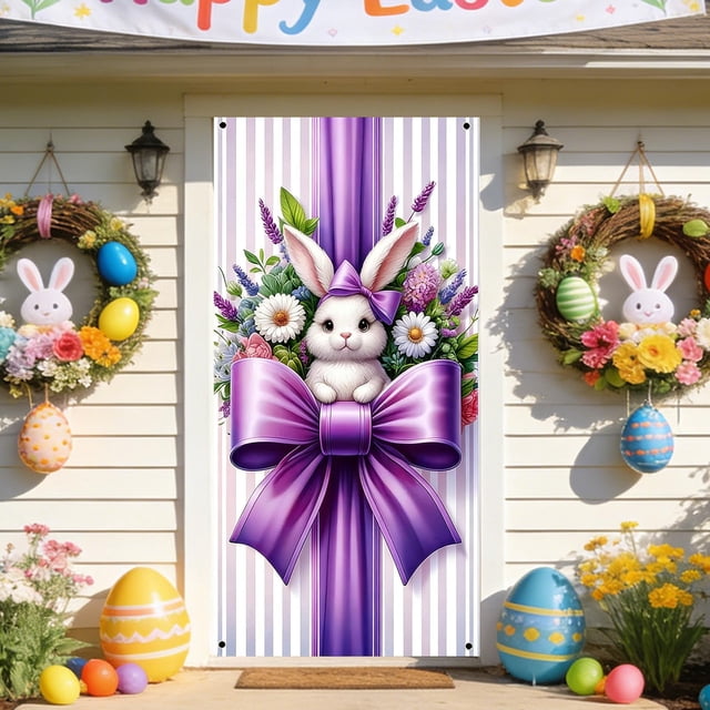 weibbin Easter Bunny Door Banner with Eggs - 35x71 Inch Vertical Polyester Flag for Front Door, Spring Party Backdrop, Style B