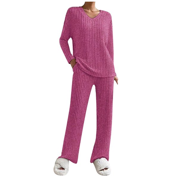 Conjunto de dos piezas de otoño-invierno para mujer: jersey de punto y pantalones anchos, traje informal holgado de color liso para el día a día o para fiestas