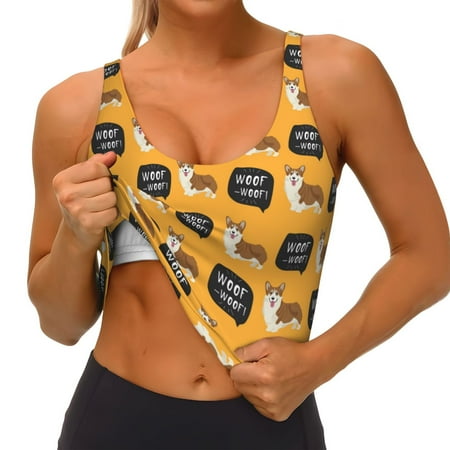 Qokaie Corgi Pattern Womens Scoop Neck Sports Bra Breathable Workout Vest Padded U Back Medium Impact Fitness Gym Yoga Bra Workout Crop Top